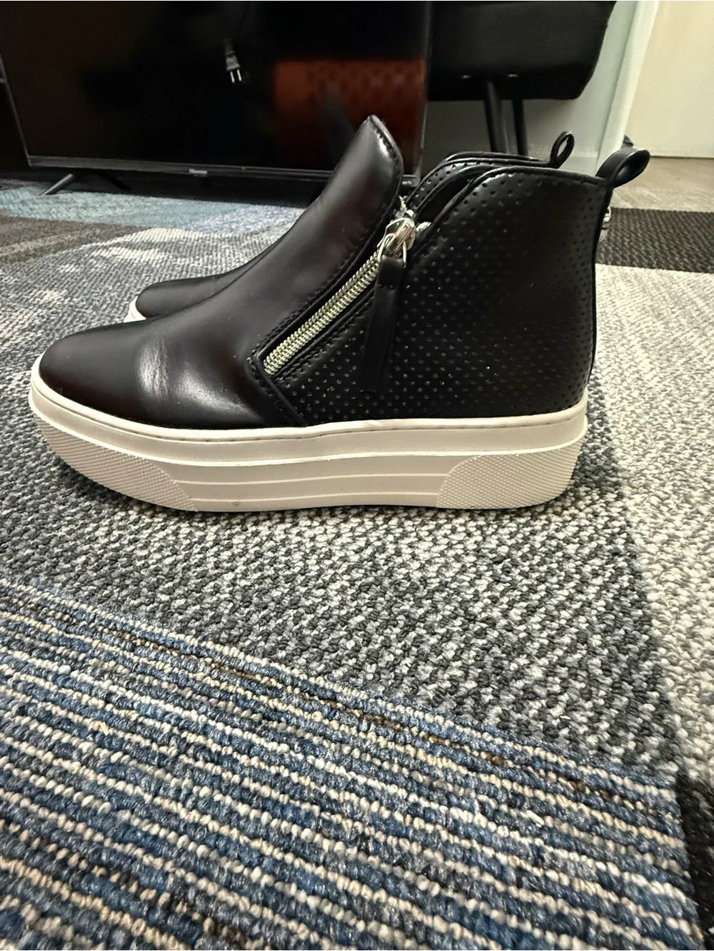 Steve Madden Black Leather Platform Sneaker Boot with White Sole